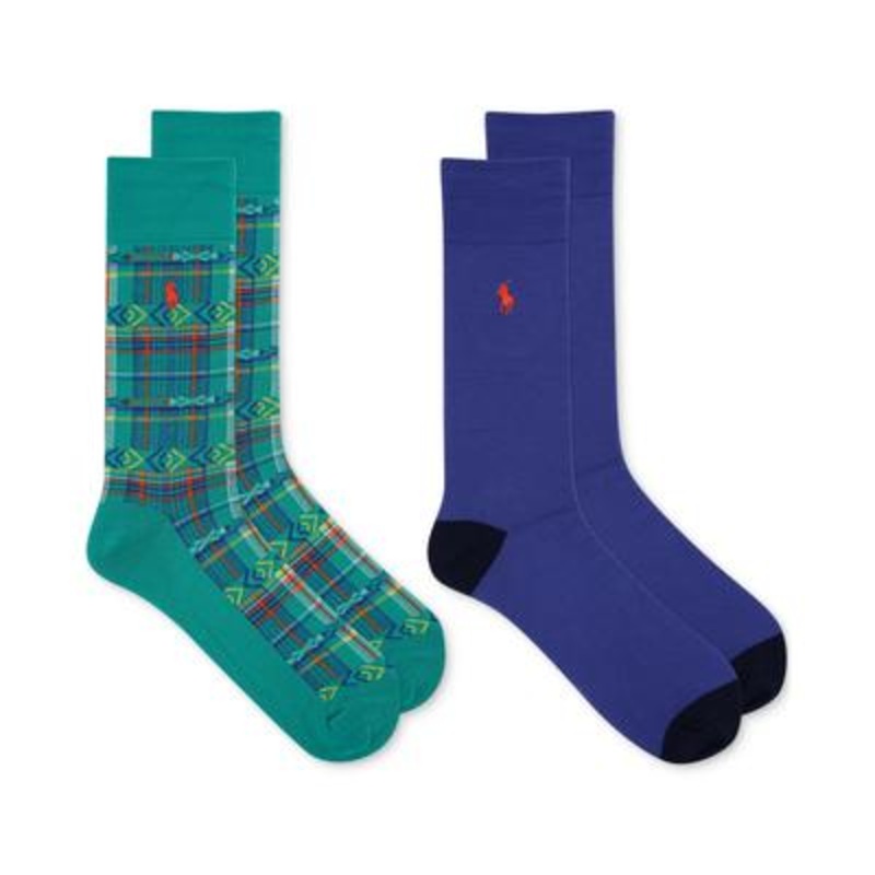 Polo Ralph Lauren Men's Plaid Slack Socks Emerald Green Blue 10 13