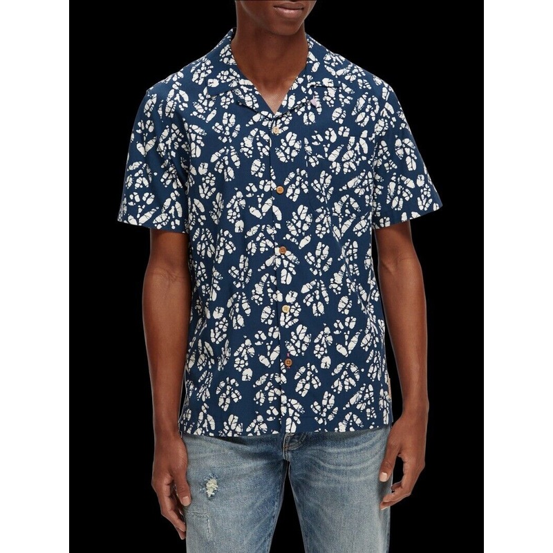 Scothc & Soda Men's Printed Short-Sleeved Camp Shirt Large Blue White