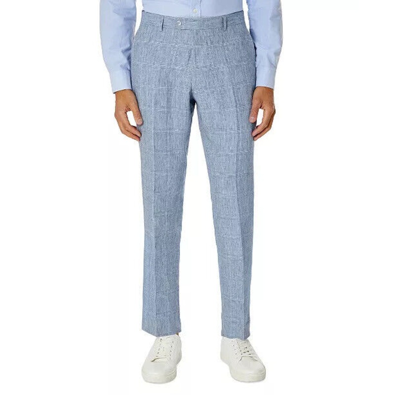 TOMMY HILFIGER Men's Linen Dress Pants Blue 38 x 32 Modern Flex Stretch Plaid