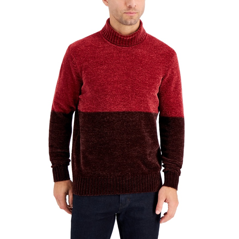 Alfani Equator Mens Chenille Colorblock Turtleneck Sweater Large Red