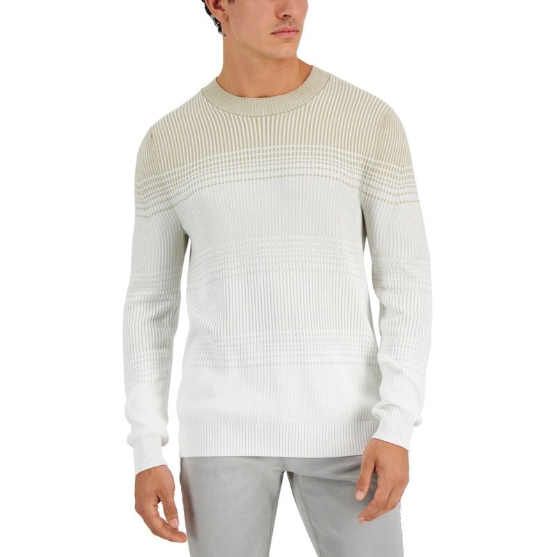 Alfani Mens Ombre Stripe Crewneck Sweater Beige Khaki Large