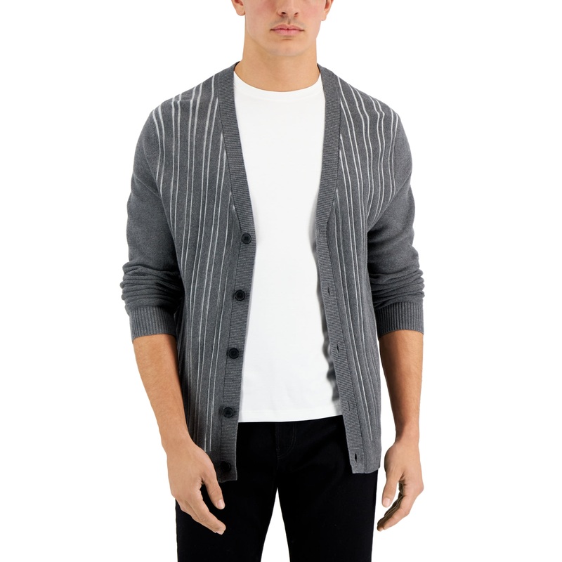 Alfani Mens Stripe V-Neck Cardigan Sweater Small Grey Cotton