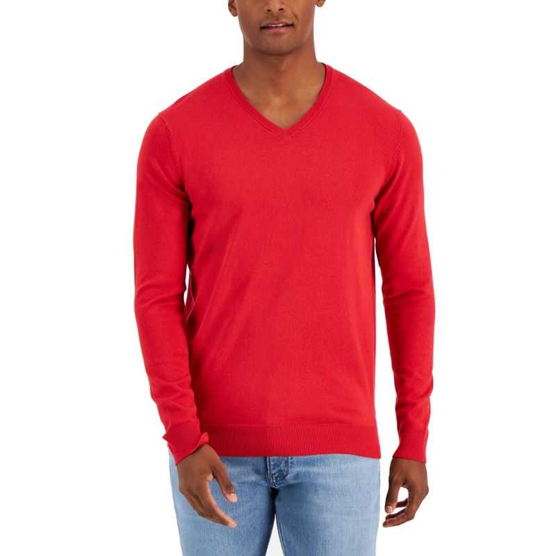Alfani Mens V-Neck Ribbed Trim Sweater XL Red Cotton