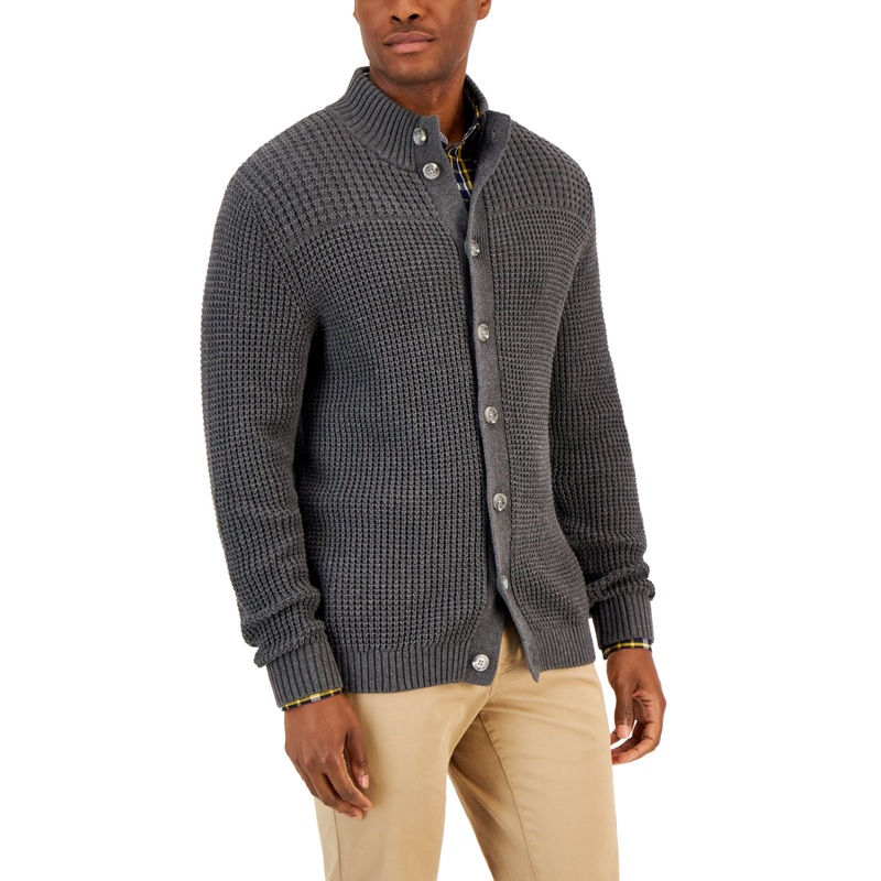 Club Room Men's Chunky Waffle Cardigan Sweater Small Grey Charcoal Heather