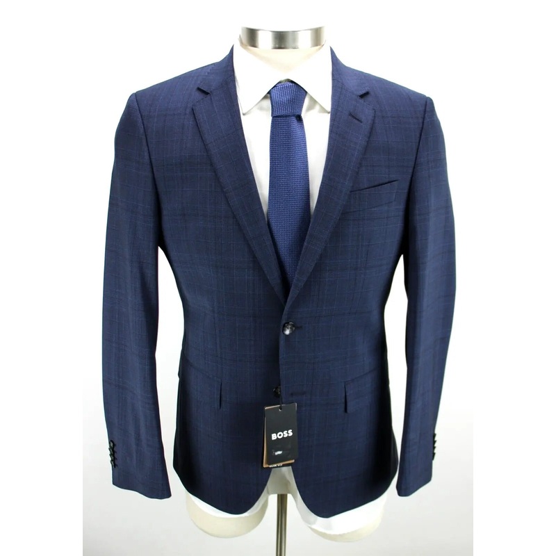 Hugo Boss Mens H-huge Plaid Slim Fit Suit Jacket 40R Navy Blue
