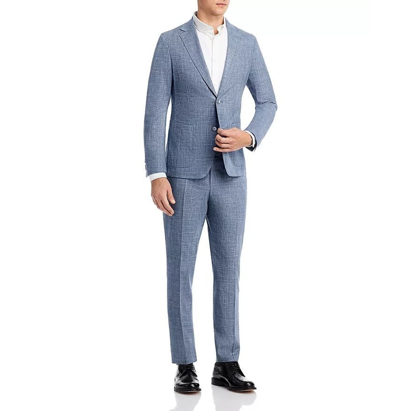 Hugo Boss Mens Hanry Wool & Cotton Tonal Plaid Slim Fit Suit 38S / 32W Blue