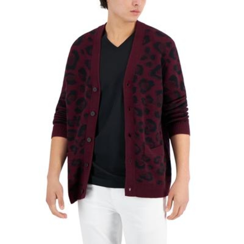 INC International Concepts Mens Animal Print Cardigan Sweater Large Red Black