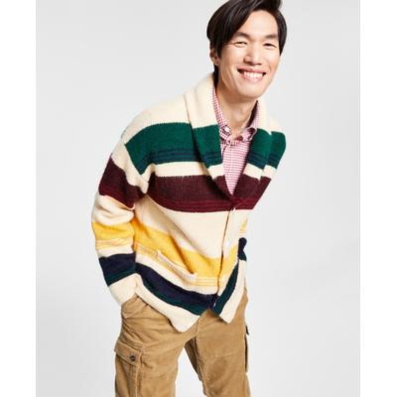 Nautica Men's Reissue Striped Cardigan Sweater Large Beige Green Blue Red
