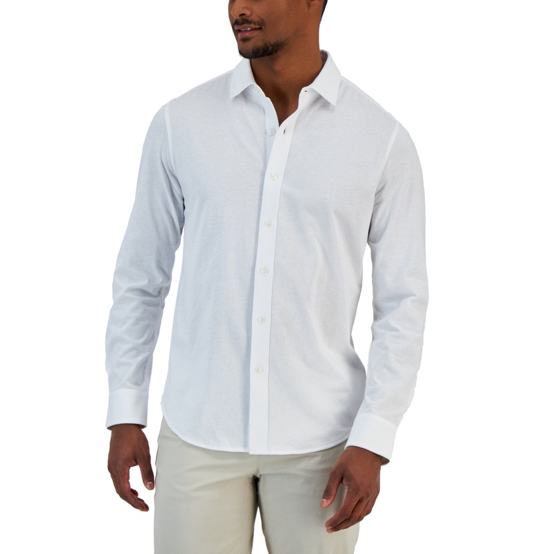 Alfani Men's Classic Fit Heathered Jersey Knit Button Down Shirt Bright White XXL