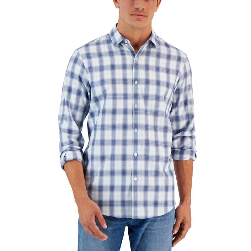 Alfani Men's Droa Plaid Button Down Shirt Blue Plaid Medium