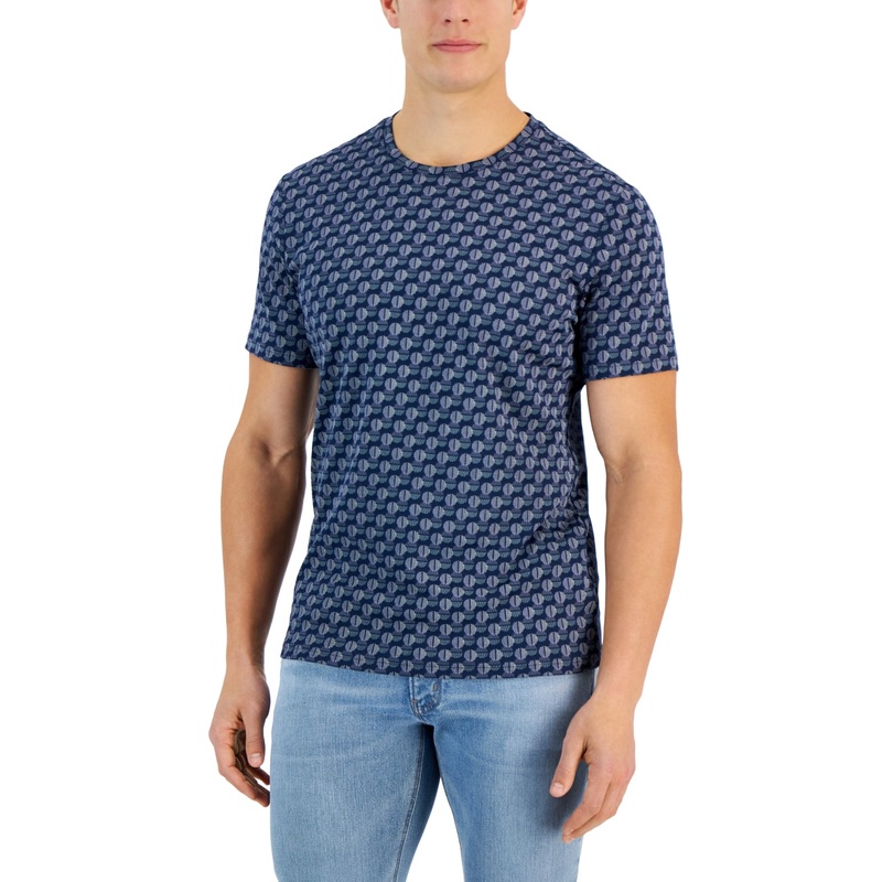 Alfani Mens Above Short Sleeve Crewneck Geo Pattern T Shirt Blue XL