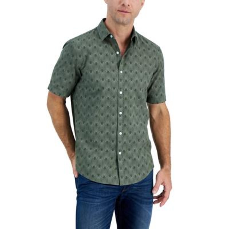 Alfani Mens Short-Sleeve Reebe Geometric-Print Button Down Shirt Costa Green 2XL