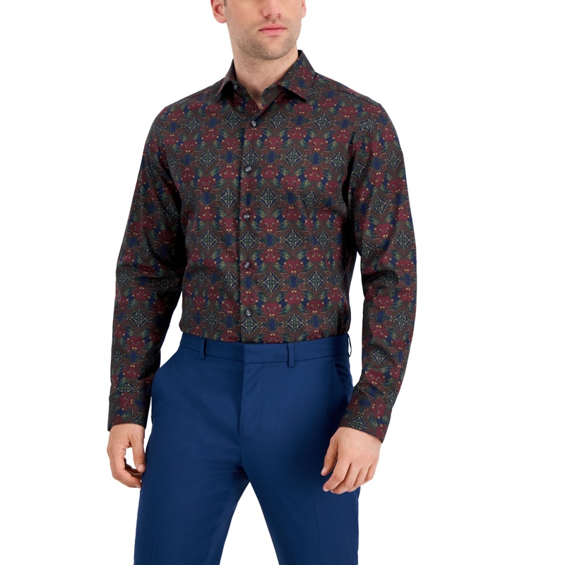 Bar Iii Men's Slim-Fit Performance Stretch Geo-Print Dress Shirt Navy 16 16 1/2