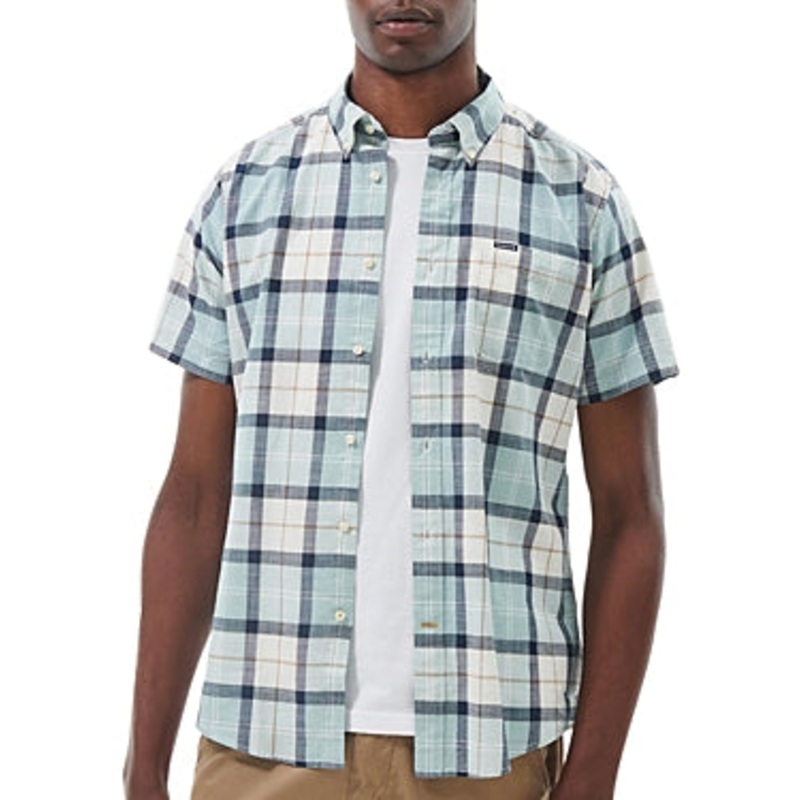 Barbour Delton Tailored Fit Short Sleeved Button down Shirt Blue Chalk Tartan XL