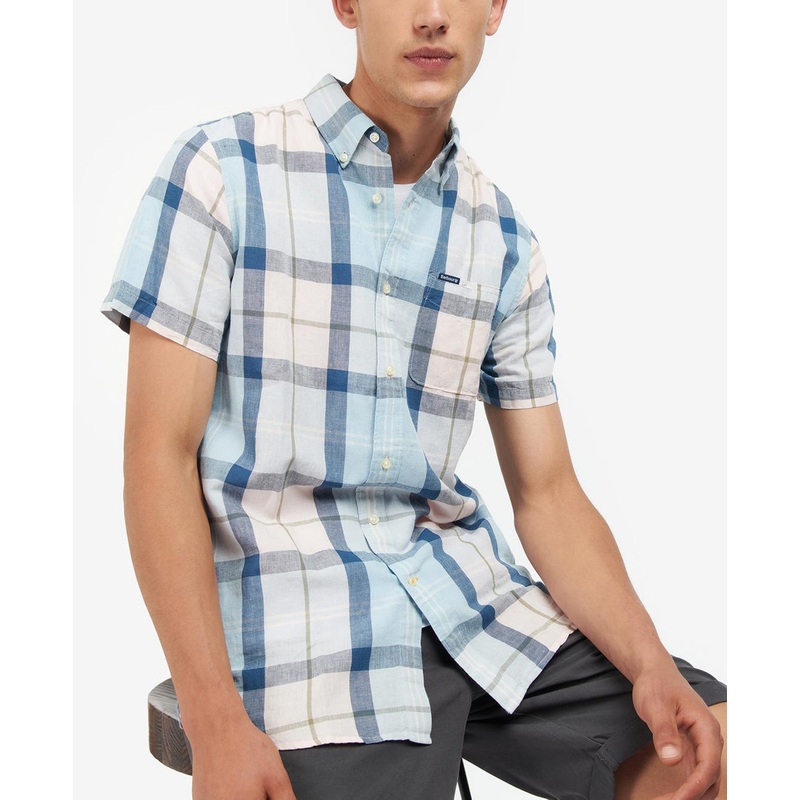 Barbour Men's Angus Tailored Plaid Short Sleeve Button Down Shirt Blue Pink XXL
