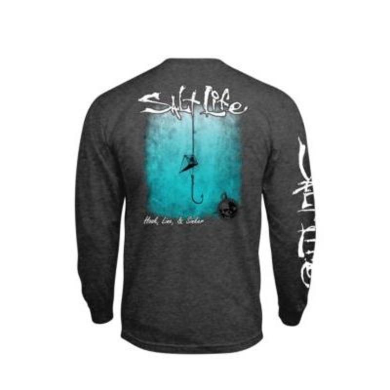 Salt Life Mens Hook Line and Sinker Fade Long Sleeve Pocket T Shirt Grey Medium