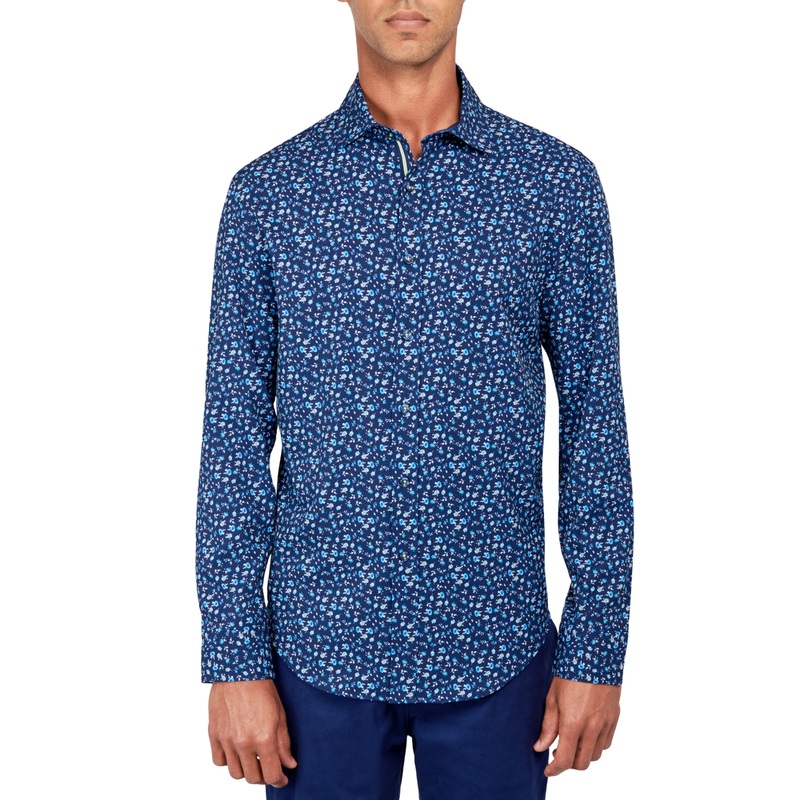 Society of Threads Men's Regular Fit Flower Print Button Down Shirt Blue Large