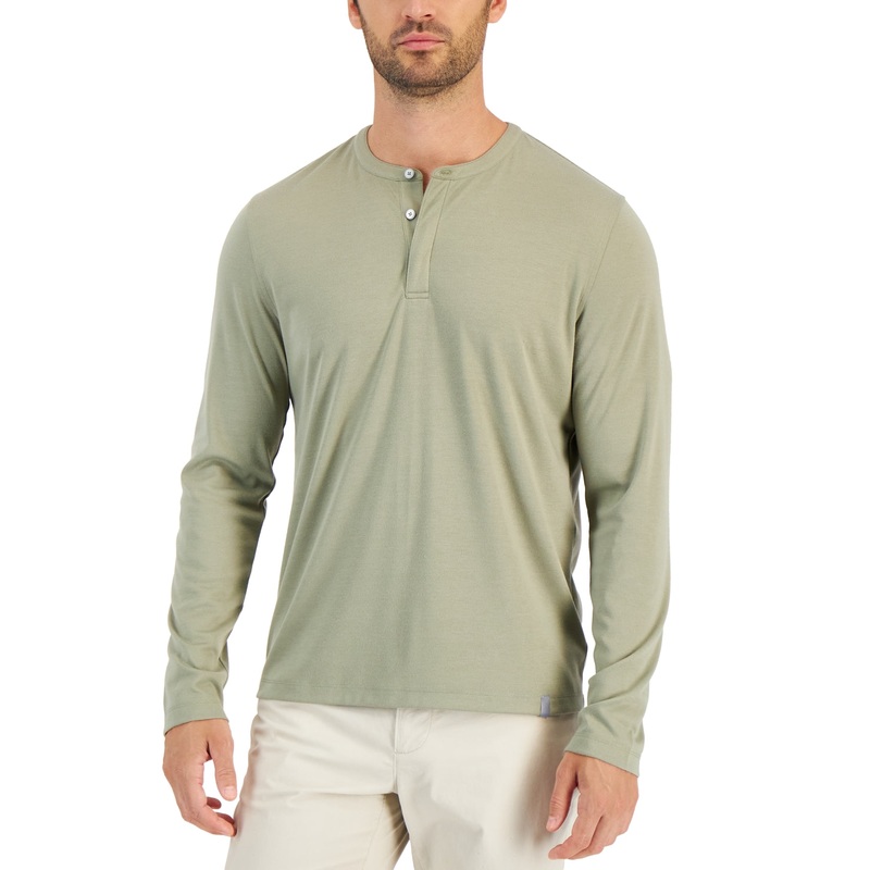 Alfani Men's Alfatech Solid Long Sleeve Henley T Shirt Subtle Olive Small