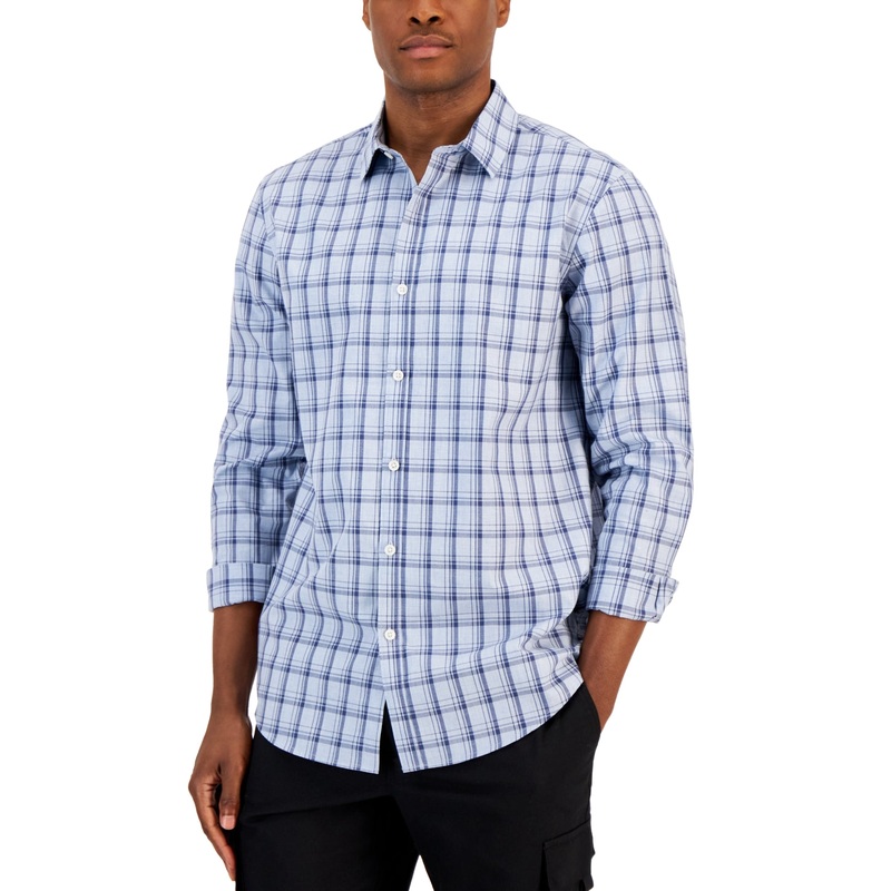 Alfani Men's Caro Classic-Fit Long-Sleeve Button Down Shirt Blue Medium