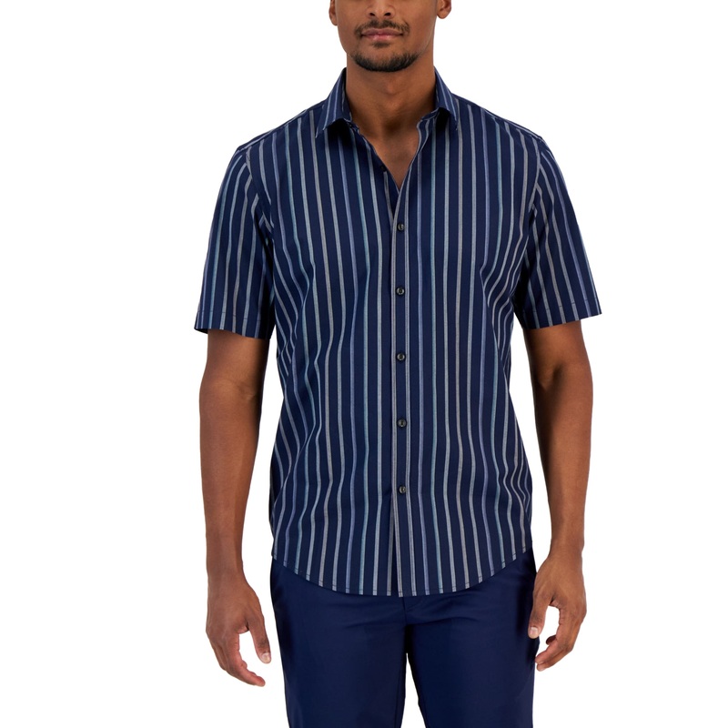 Alfani Men's Classic Fit Short Sleeve Striped Button Down Shirt Blue Small