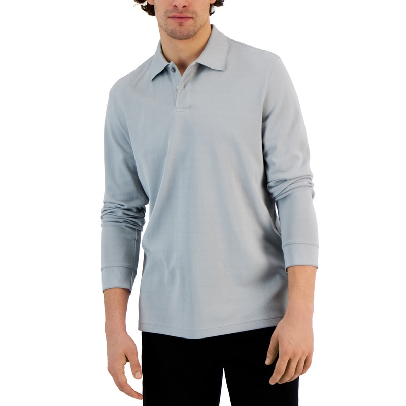Alfani Men's Classic Fit Solid Long Sleeve Polo Shirt Grey Large
