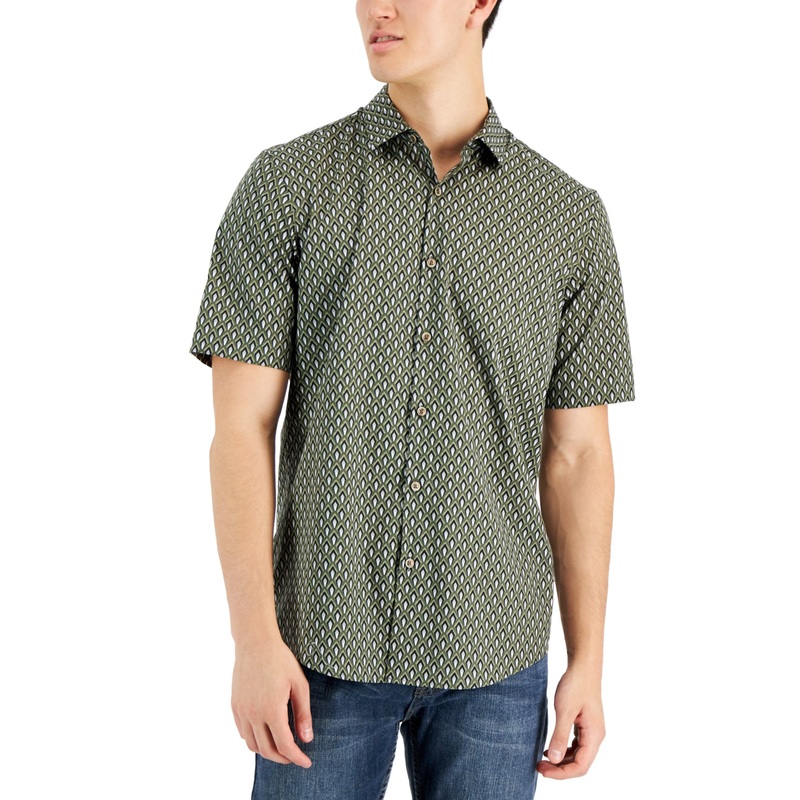 Alfani Men's Llama Geo Print Short-Sleeve Button DownShirt Green XL
