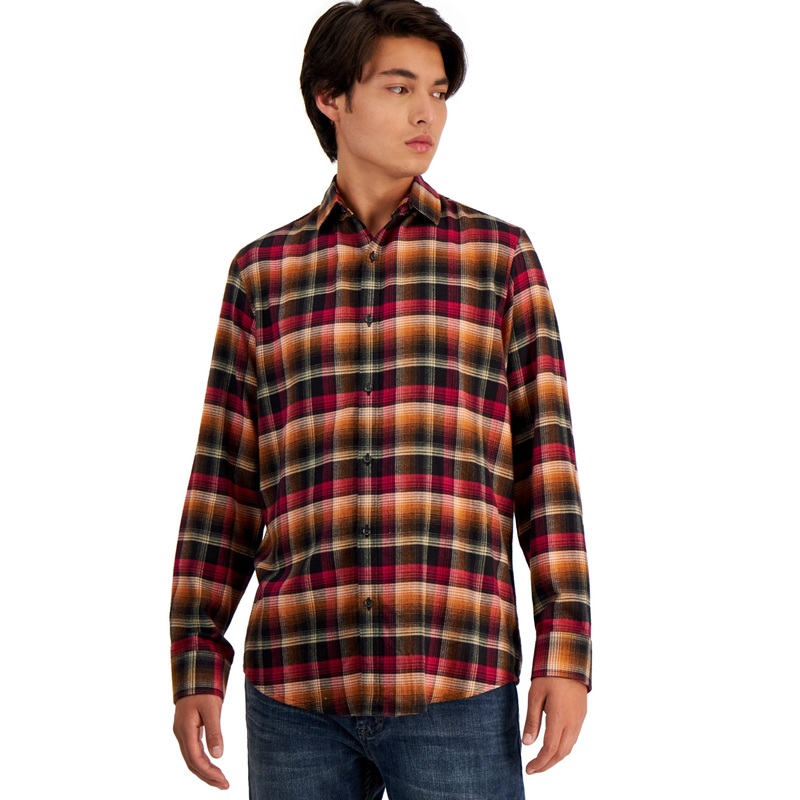 Alfani Men's Long-Sleeve Iris Plaid Button Down Shirt Black Combo XL