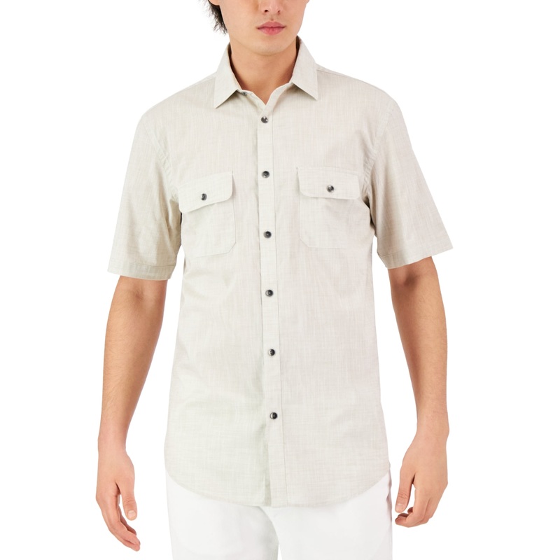 Alfani Men's Warren Short Sleeve Button Down Shirt Light Brown Medium
