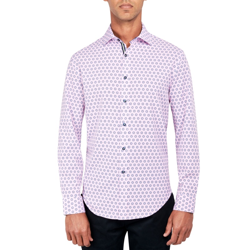 Society of Threads Men's Regular Fit Geo Print Button Down Shirt Pink Medium