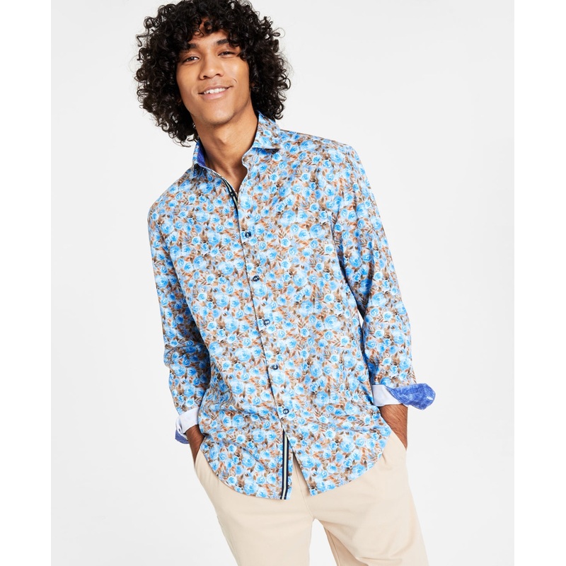 Society of Threads Men's Slim Fit Floral Long Sleeve Button Down Shirt Blue XXL