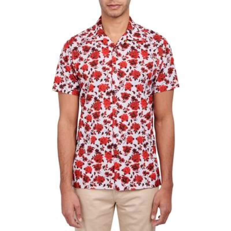 Society of Threads Men's Slim Fit Floral Print Camp Button Down Shirt Red Medium