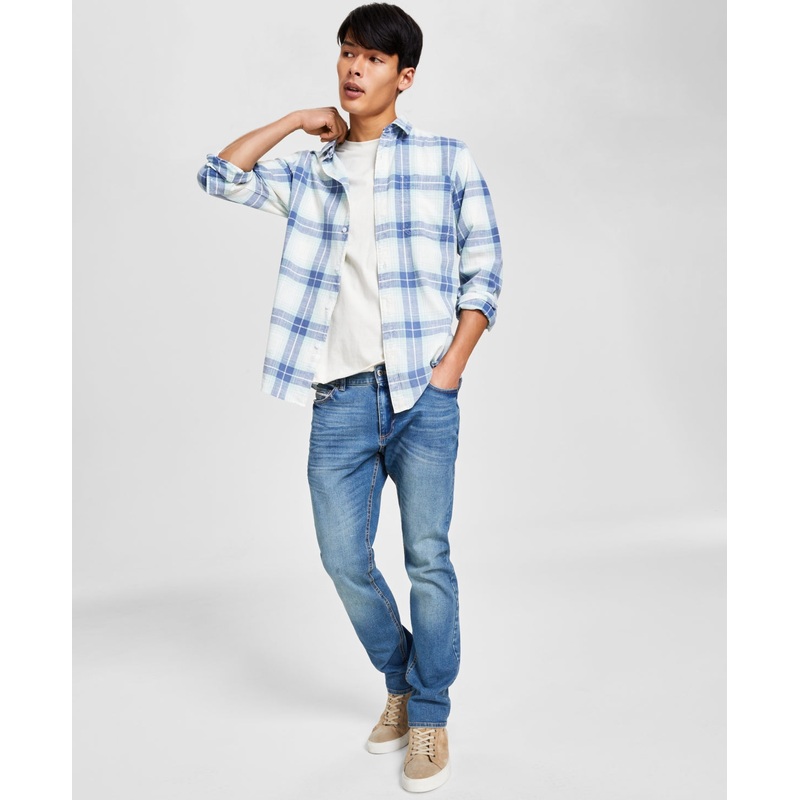 Sun + Stone Men's Brock Classic-Fit Textured Plaid Button Down Shirt Blue Small