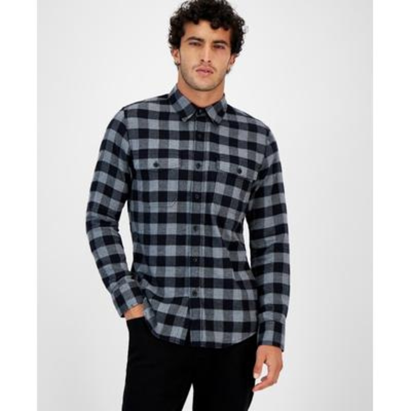 Sun + Stone Men's Check Flannel Button Down Shirt Black Large