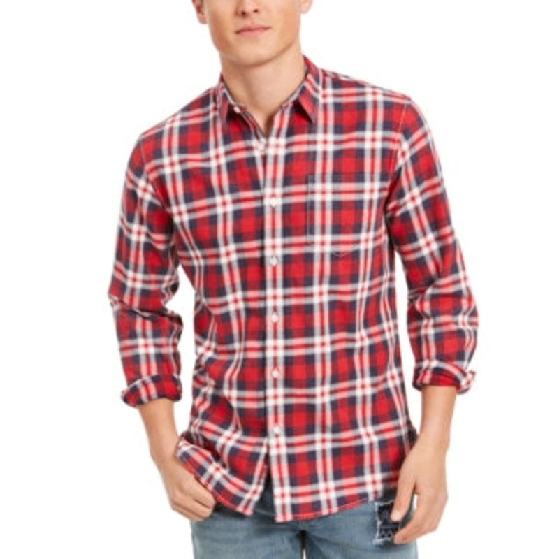 Sun + Stone Men's Garcia Plaid Button Down Shirt Red Combo Large