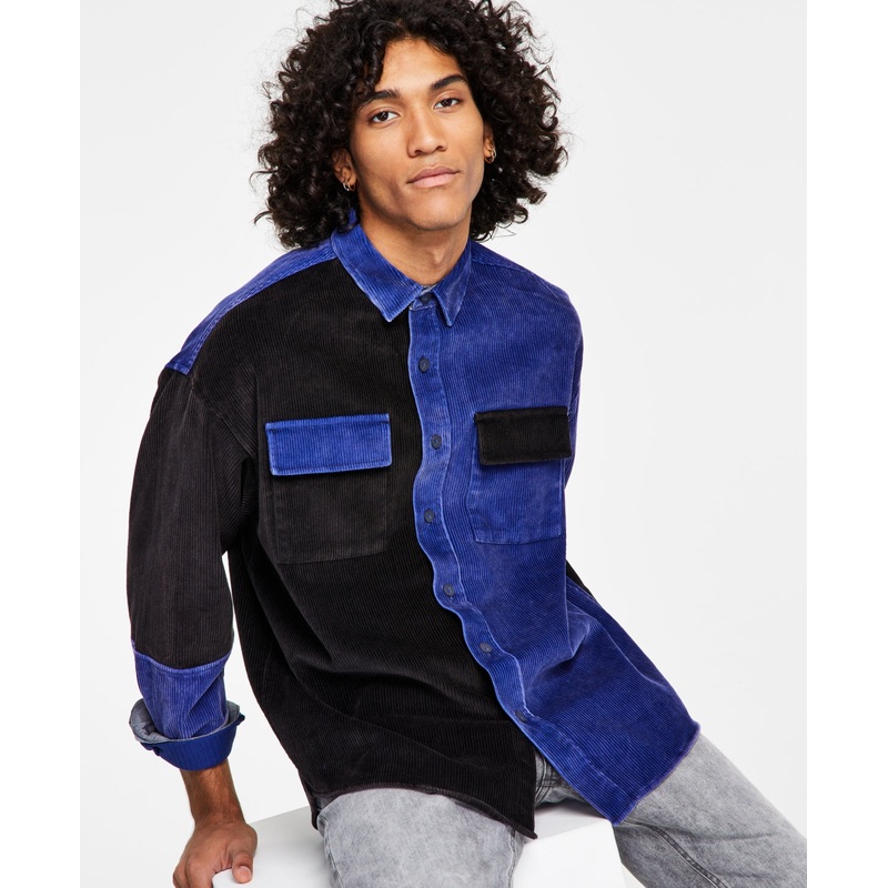 Sun + Stone Men's Regular-Fit Colorblocked Corduroy Shirt XXL 2XL Blue Black