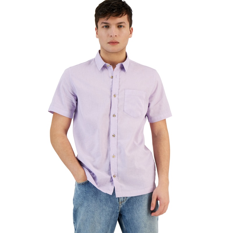 Sun + Stone Mens Blake Linen Short Sleeve Button Down Shirt Purple Large