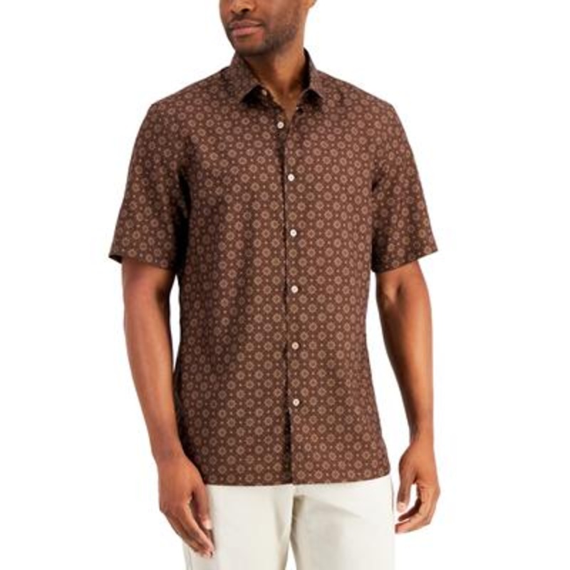 Alfani Men's Crolo Print Short Sleeve Button Down Shirt Caramel Cafe Brown Small