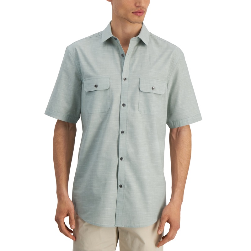 Alfani Men's Warren Short Sleeve Button Down Shirt Gray Sage Small