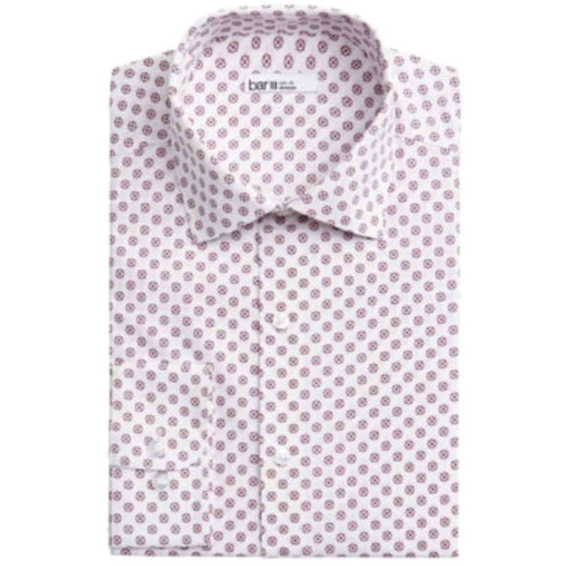 BAR III Mens MedallionSlim Fit Button Down Dress Shirt White Red 14 - 14.5
