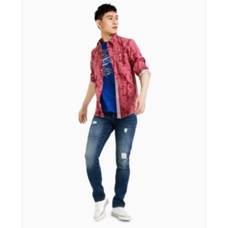 Sun + Stone Men's Alec Regular Fit Feather Print Button Down Shirt Red Small