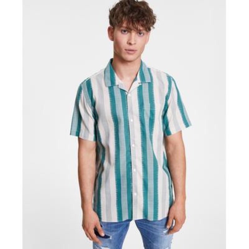 Sun + Stone Men's Lennox Striped Linen Button Down Shirt Green Small