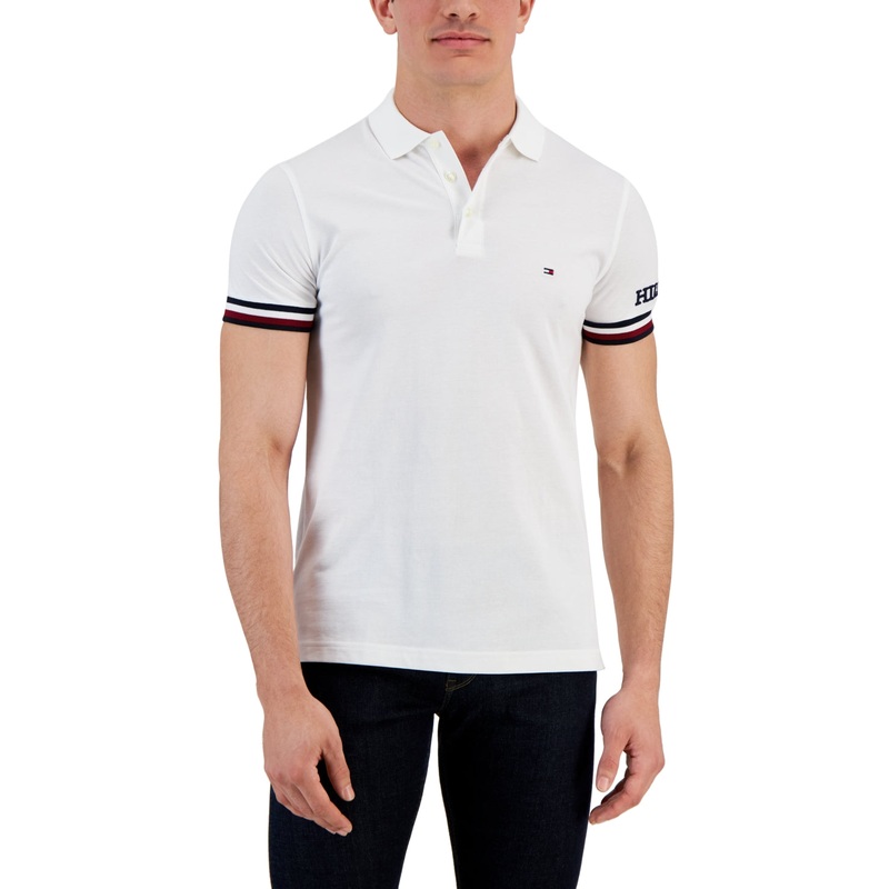 Tommy Hilfiger Men's Monotype Logo Striped Cuff Short Sleeve Polo Shirt White XL