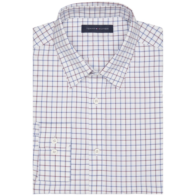 Tommy Hilfiger Men's Slim-Fit Stretch Check Button Down Dress Shirt Burgundy XL