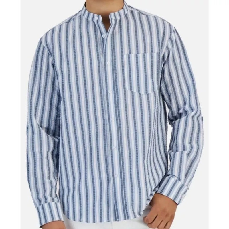 And Now This Men's Banded Collar Seersucker Shirt Large Open Blue