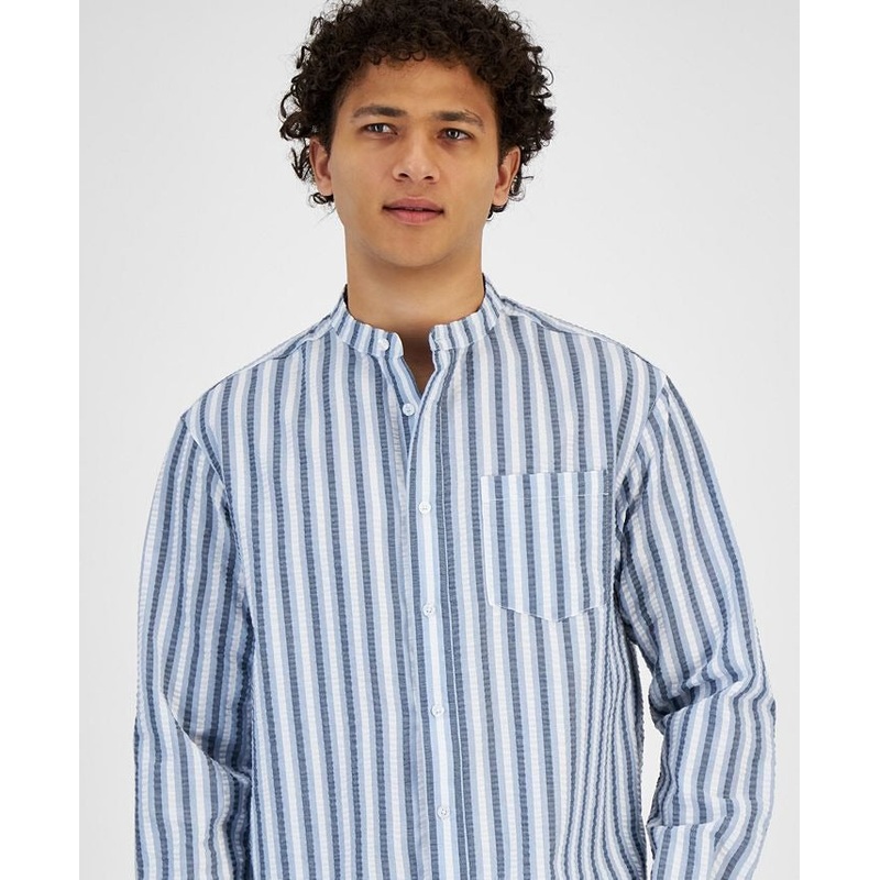 And Now This Men's Banded Collar Seersucker Shirt Small Open Blue