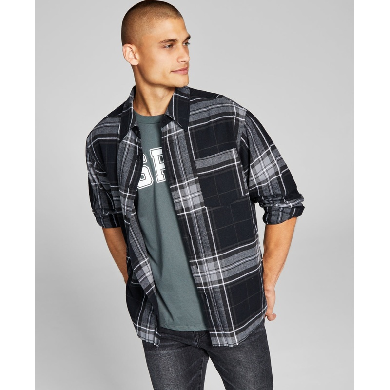 And Now This Mens Flannel Plaid Button Down Shirt Black Large