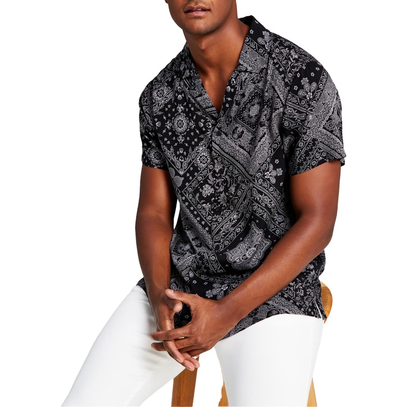 And Now This Mens Paisley Collared Button-Down Short Sleeve Shirt Black 2XL