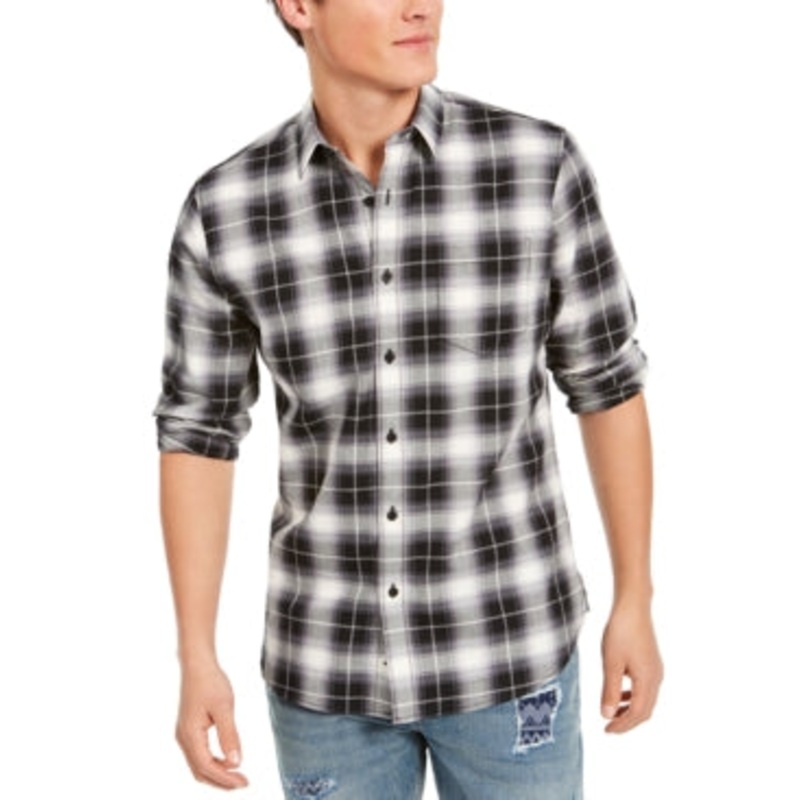 Sun + Stone Men's Will Plaid  Button Down Shirt Deep Black Small