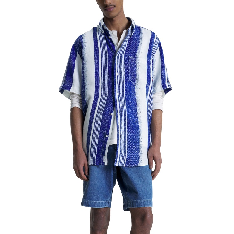 Tommy Hilfiger Men's Hand Painted Stripe Button Down Shirt Regency Blue Small