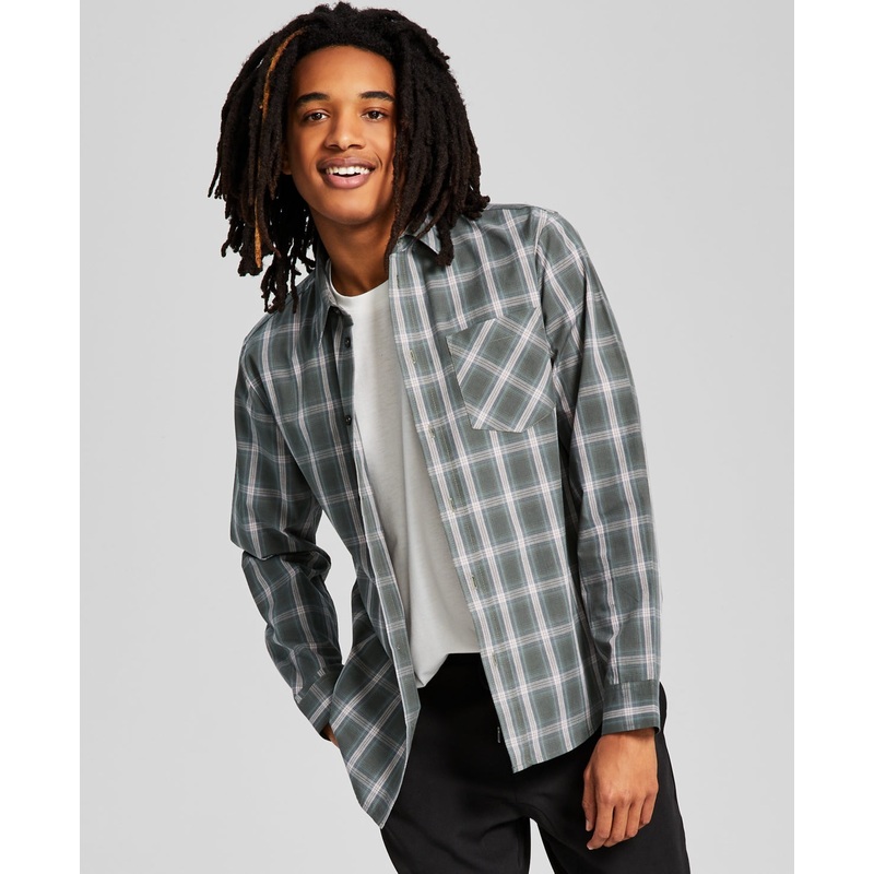 And Now This Men's Woven Plaid Long-Sleeve Button Down Shirt Green XL